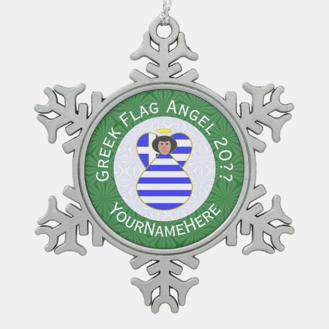 Greek Angel Black Hair Christmas Flag Personalised Snowflake Pewter Christmas Ornament (Front)