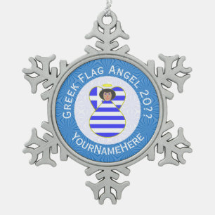 Greek Angel Black Hair Hanukkah Flag Personalised  Snowflake Pewter Christmas Ornament