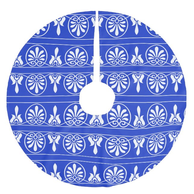 Greek Arabesque Mediterranean Pattern Blue Brushed Polyester Tree Skirt (Front)