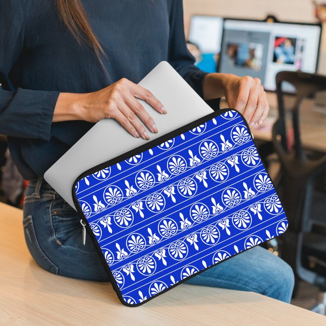 Greek Arabesque Mediterranean Pattern Blue Laptop Sleeve (Creator Uploaded)