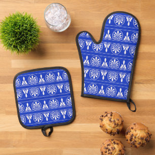 Greek Arabesque Mediterranean Pattern Blue Oven Mitt & Pot Holder Set
