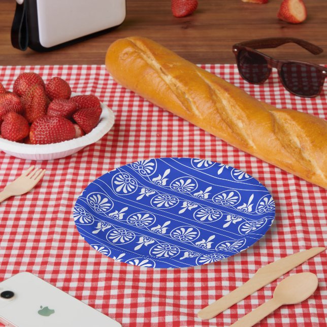 Greek Arabesque Mediterranean Pattern Blue Paper Plate (Picnic)