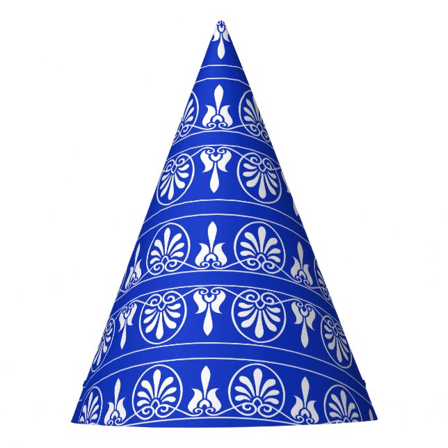 Greek Arabesque Mediterranean Pattern Blue Party Hat (Front)