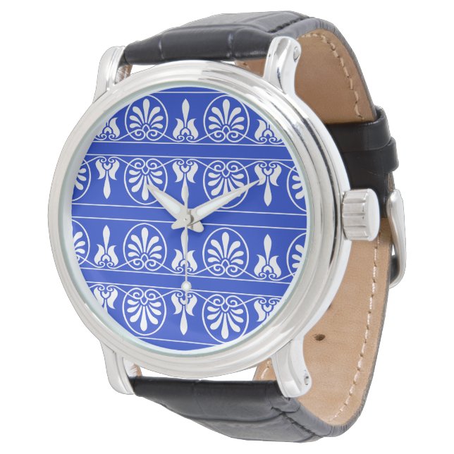 Greek Arabesque Mediterranean Pattern Blue Watch (Angled)