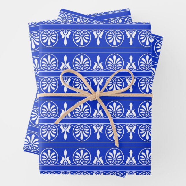 Greek Arabesque Mediterranean Pattern Blue Wrapping Paper Sheet (In situ)