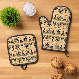 Greek Arabesque Mediterranean Pattern Brown Oven Mitt & Pot Holder Set