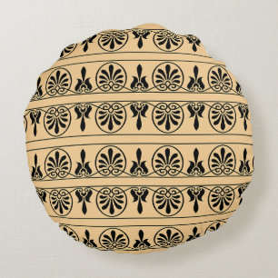 Greek Arabesque Mediterranean Pattern Brown Round Cushion
