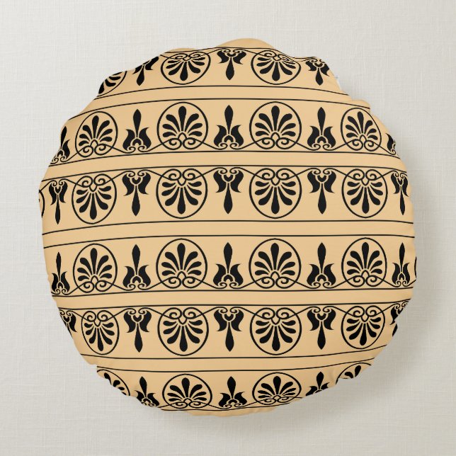 Greek Arabesque Mediterranean Pattern Brown Round Cushion (Back)