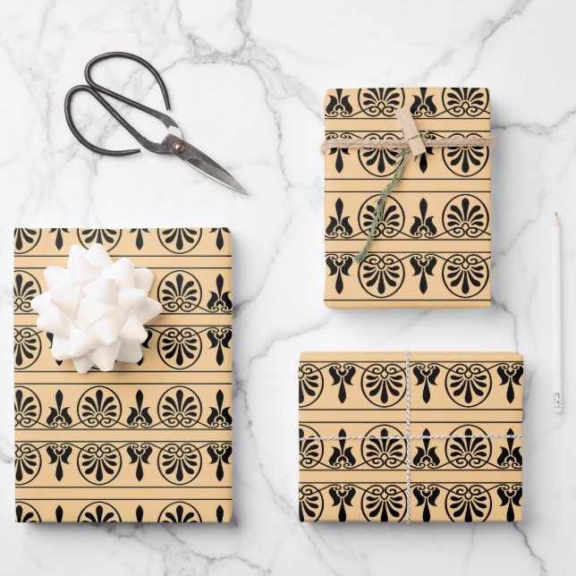 Greek Arabesque Mediterranean Pattern Brown Wrapping Paper Sheet (Front)