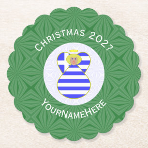 Greek Blonde Angel Christmas Flag Personalised  Paper Coaster