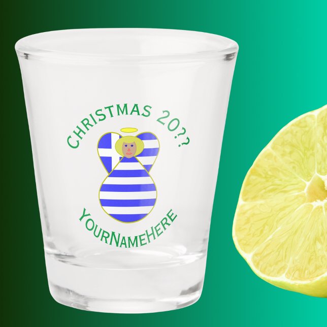 Greek Blonde Angel Christmas Flag Personalised Shot Glass (Christmas shot glas has blonde angel wearing Greek Flag. Green text for name, year, and holiday.)