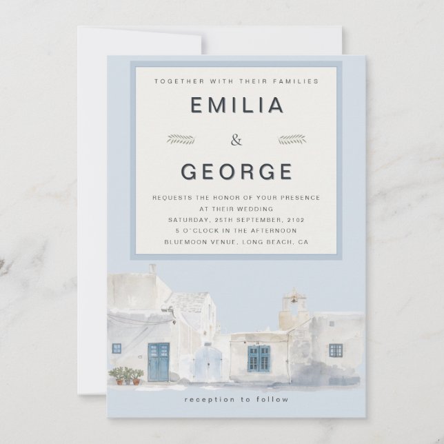 Greek Blue Destination Wedding | Elegant  Invitation (Front)