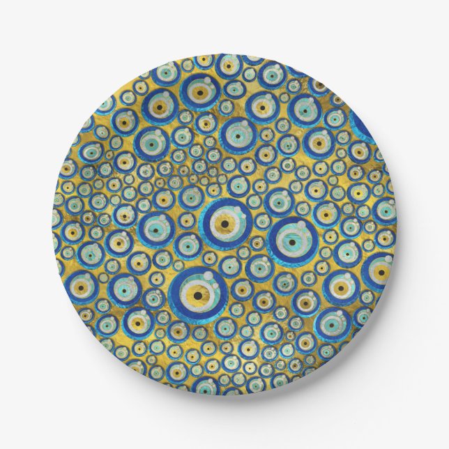 Greek Blue Glass Evil Eye Amulet Pattern Paper Plate (Front)