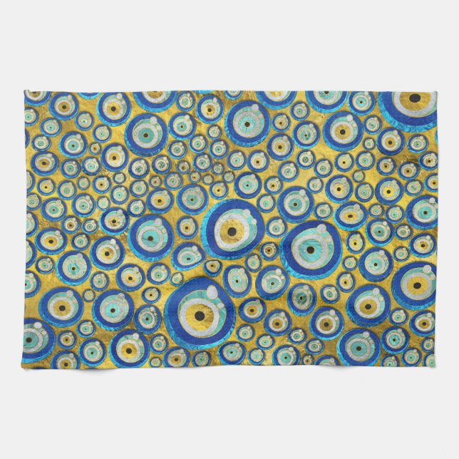 Greek Blue Glass Evil Eye Amulet Pattern Tea Towel (Horizontal)