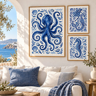 Greek Blue Octopus Coastal Art Print