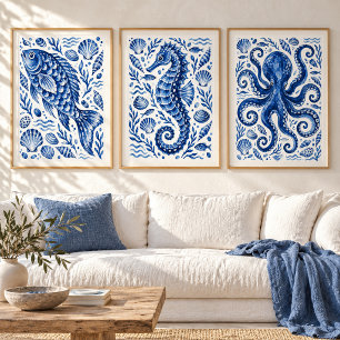 Greek Blue Seahorse Coastal Art Print