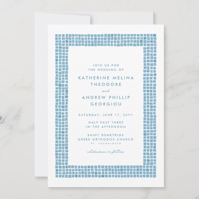 Greek blue tile frame simple destination wedding invitation (Front)