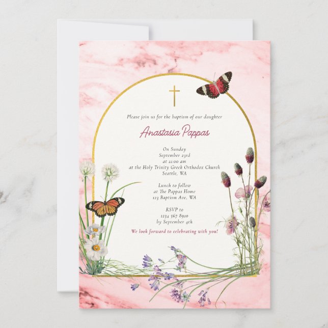 Greek Christening Baptism Pink Marble Wildflower Invitation (Front)