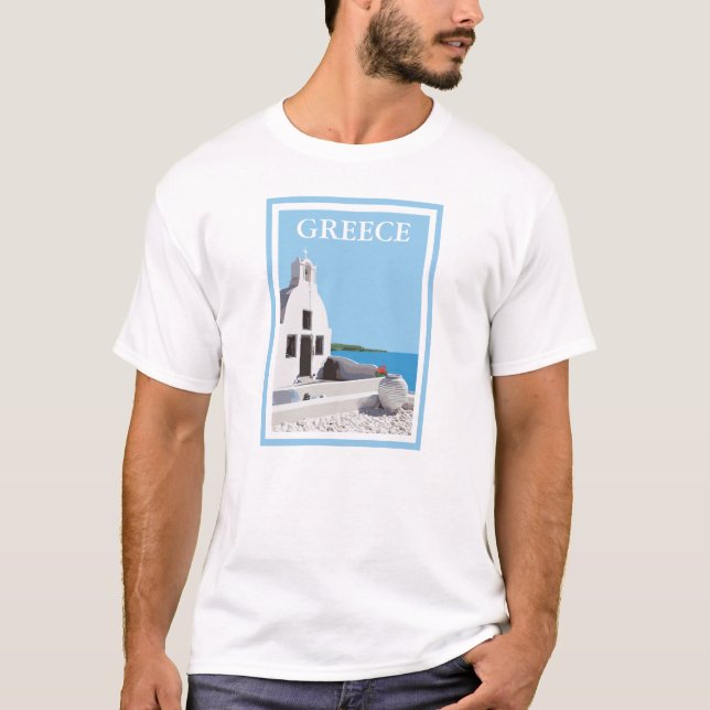 Greek church on Aegean island sea T-Shirt (Front)