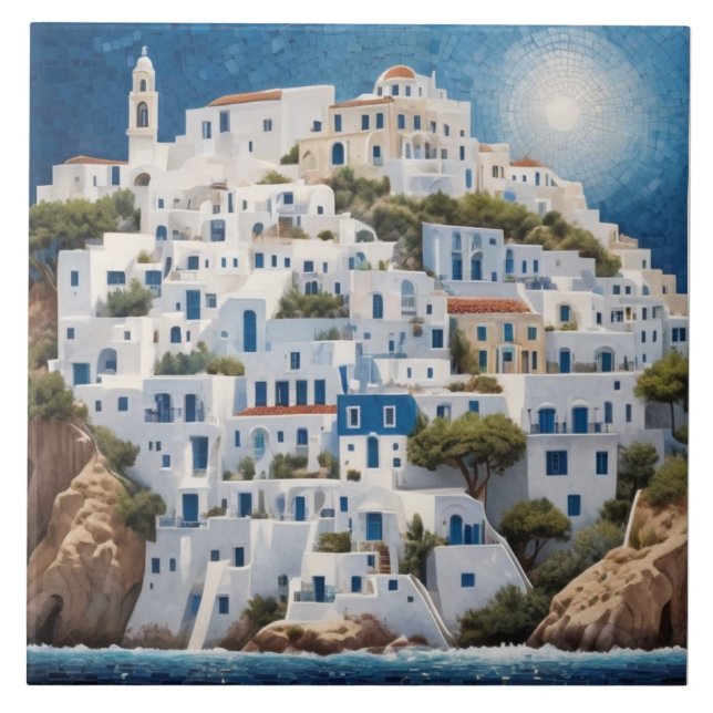 Greek Coastal Village Greece Sea Mountain Houses Tile (Front)