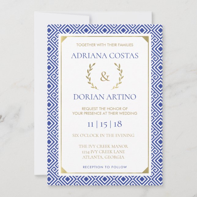 Greek Elegance Wedding Invitation, Blue, Gold Invitation (Front)