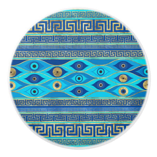 Greek Evil Eye and Greek Key ornament Ceramic Knob (Front)