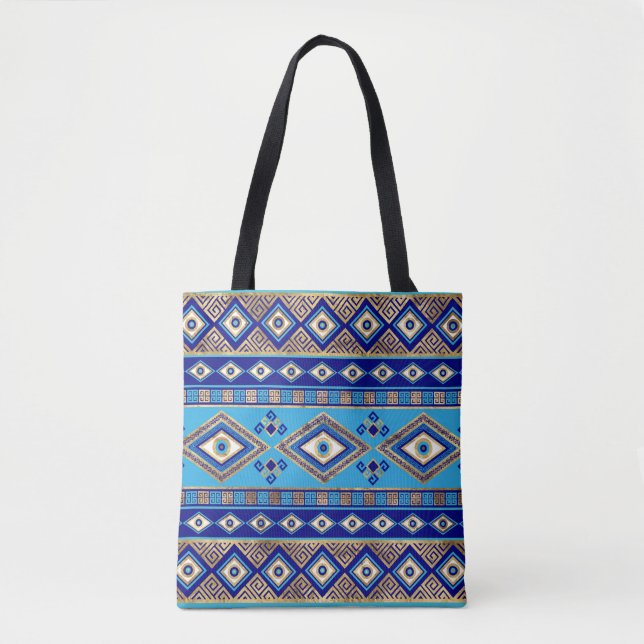 Greek Evil Eye and Meander Key Ornament Tote Bag (Front)