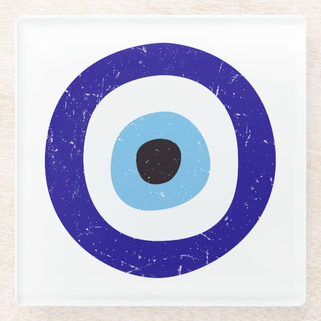 Greek Evil Eye Distressed Design Glass Coaster (Front)