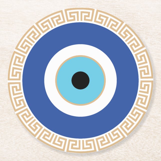Greek Evil Eye In Greek Key Round Paper Coaster (Front)