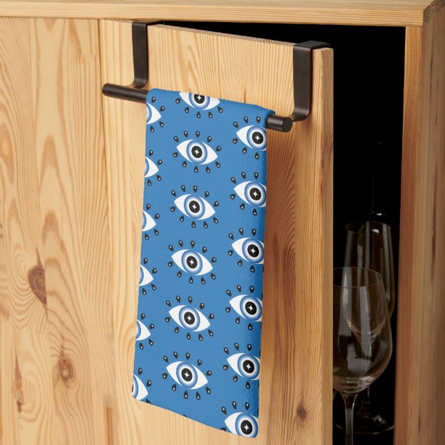 Greek Evil Eye Pattern Blue Black White Tea Towel (Thirds Fold)