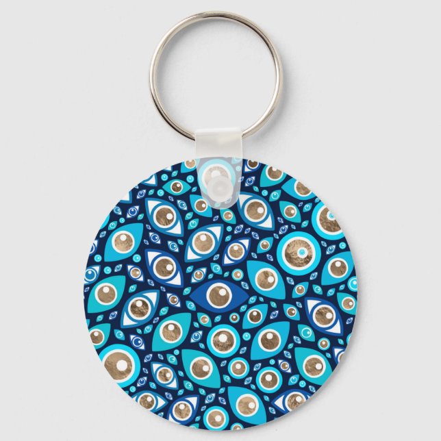 Greek Evil Eye pattern Blues and Gold #2 Key Ring (Front)