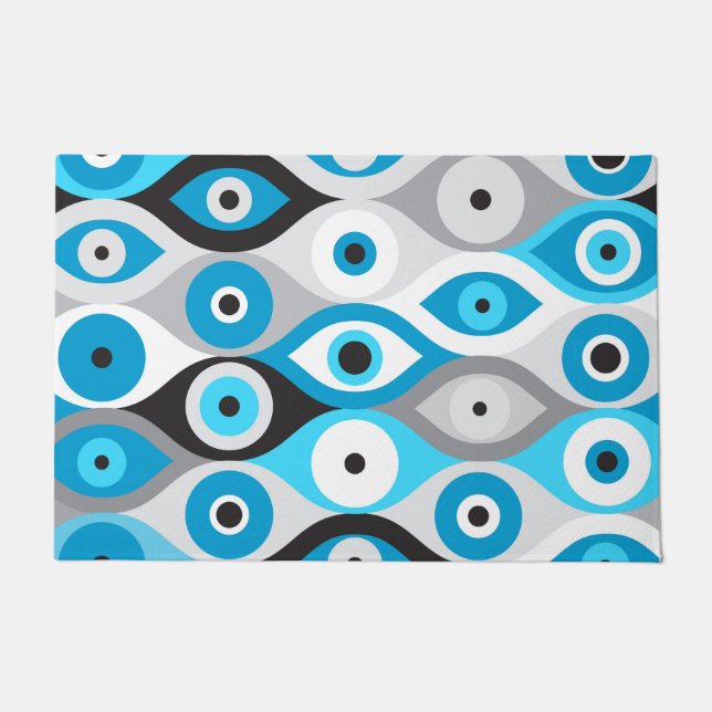 Greek Evil Eye pattern Blues and Greys Doormat (Front)