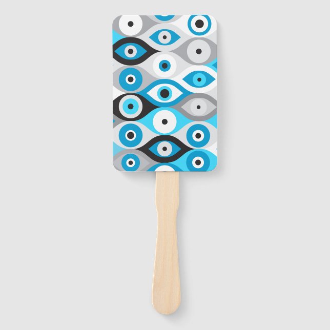 Greek Evil Eye pattern Blues and Greys Hand Fan (Front)
