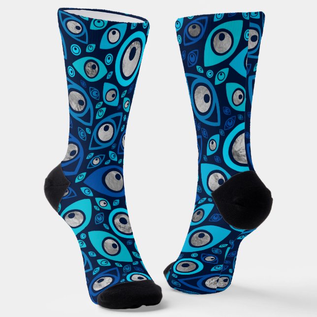 Greek Evil Eye pattern Blues and Silver  Socks (Angled)