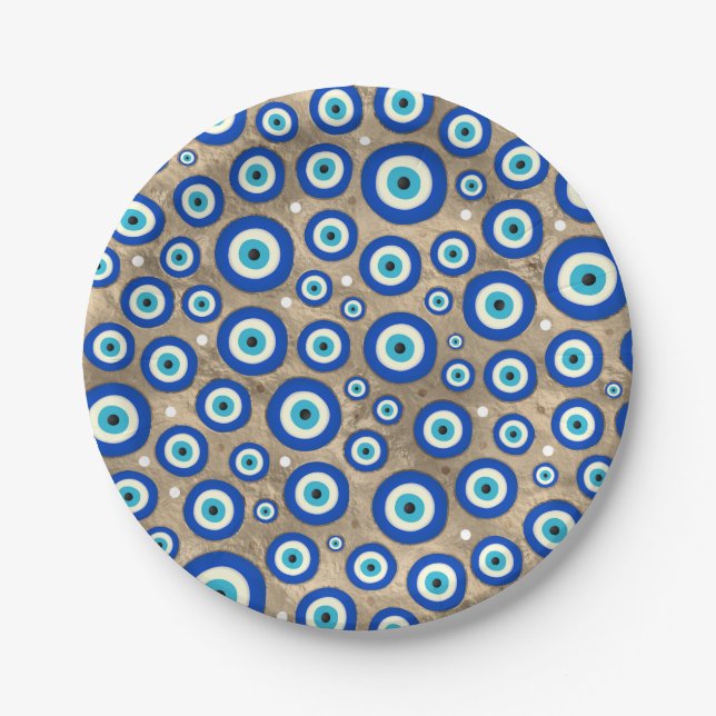 Greek Evil Eye pattern pastel gold background Paper Plate (Front)