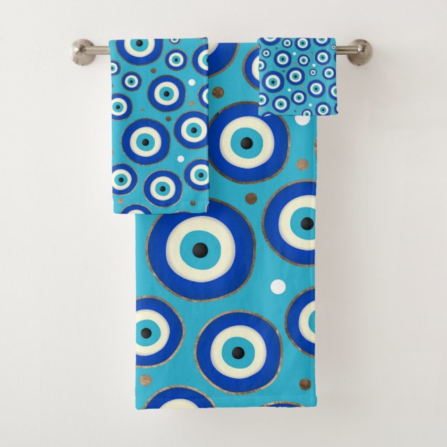 Greek Evil Eye pattern with golden accents Bath Towel Set (Insitu)