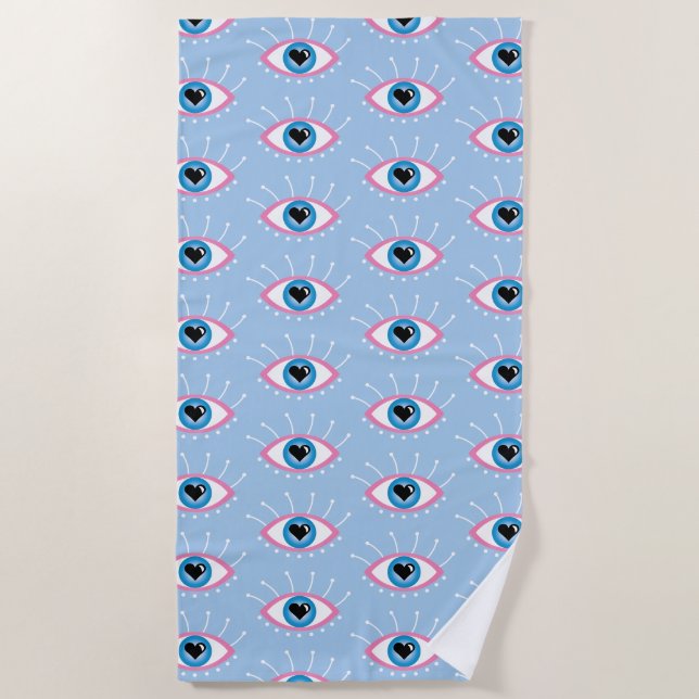 Greek Evil Eye With Eyelashes Pink Blue  Beach Towel (Front)