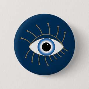 Greek Evil Eye With Lashes Blue White Gold 6 Cm Round Badge