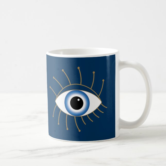 Greek Evil Eye With Lashes Blue White Gold Coffee Mug (Right)