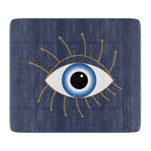 Greek Evil Eye With Lashes Blue White Gold Cutting Board (Front)