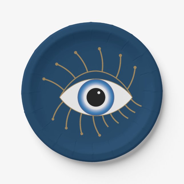 Greek Evil Eye With Lashes Blue White Gold Paper Plate (Front)
