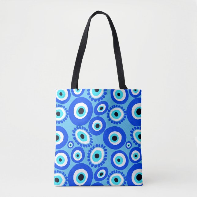 Greek Eye Symbol Blue White Modern Pattern Tote Bag (Front)