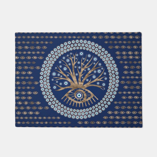 Greek Eye Tree - Mati Mataki - Matiasma on blue Doormat (Front)