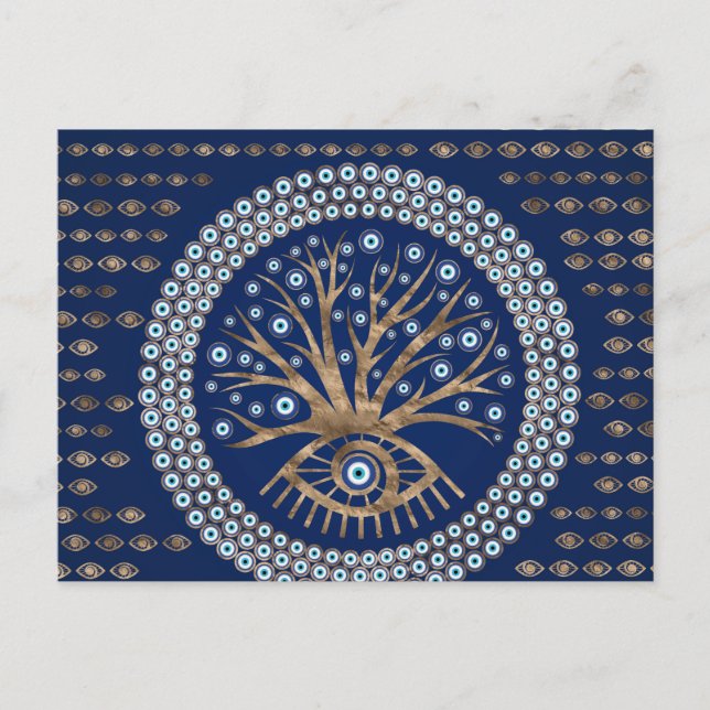 Greek Eye Tree - Mati Mataki - Matiasma on blue Postcard (Front)