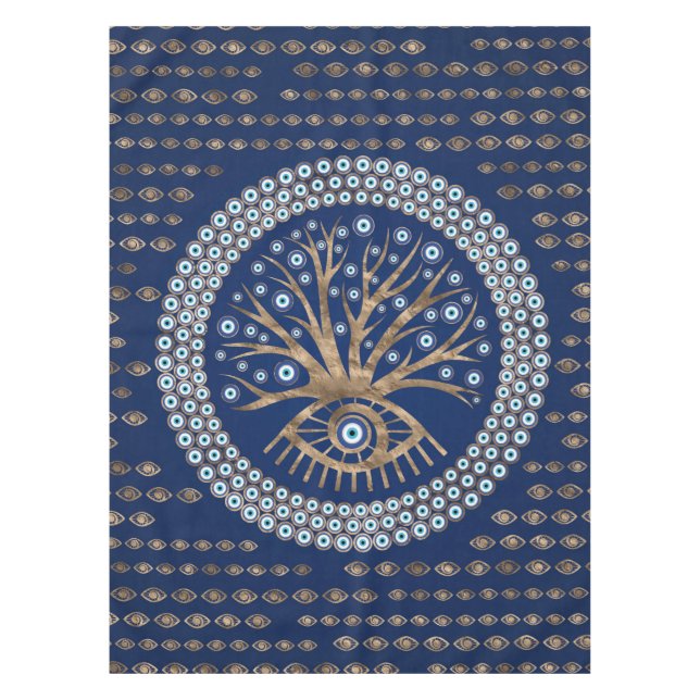 Greek Eye Tree - Mati Mataki - Matiasma on blue Tablecloth (Front)