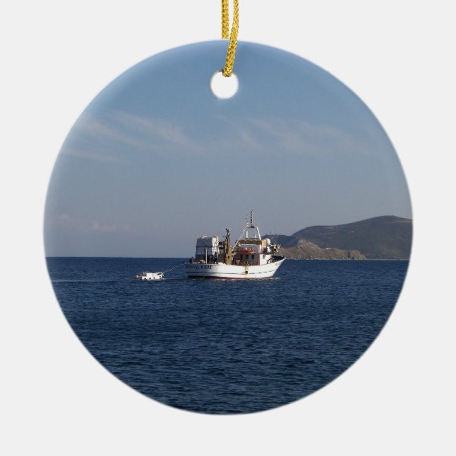 Greek Fishing Boat Ceramic Tree Decoration (Front)