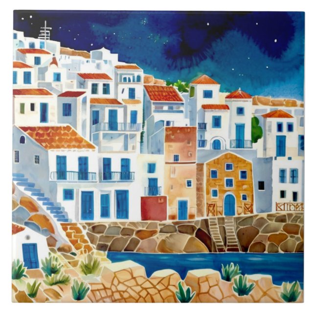 Greek Fishing Village Greece Coast Travel Souvenir Tile (Front)