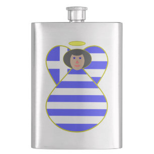 Greek Flag Angel with Black Hair Hip Flask