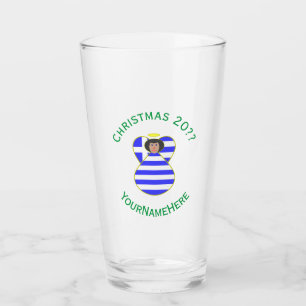 Greek Flag Black Hair Christmas Angel Drinking Glass