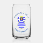 Greek Flag Black Hair Hanukkah Angel  Can Glass<br><div class="desc">Personalised beer, drinking or can glass features a black haired angel dressed in the flag of Greece. Writing above reads, in blue letters, "HANUKKAH 20??". Writing below, also in blue, has a spot for your name. Share your Greek heritage this holiday season. Great housewarming or Hanukkah gift for a home...</div>